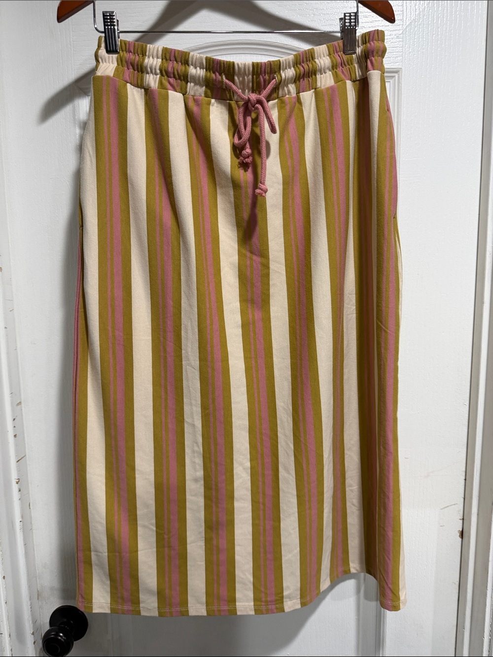 DownEast Cream, Olive & Rose Striped Drawstring Midi Skirt